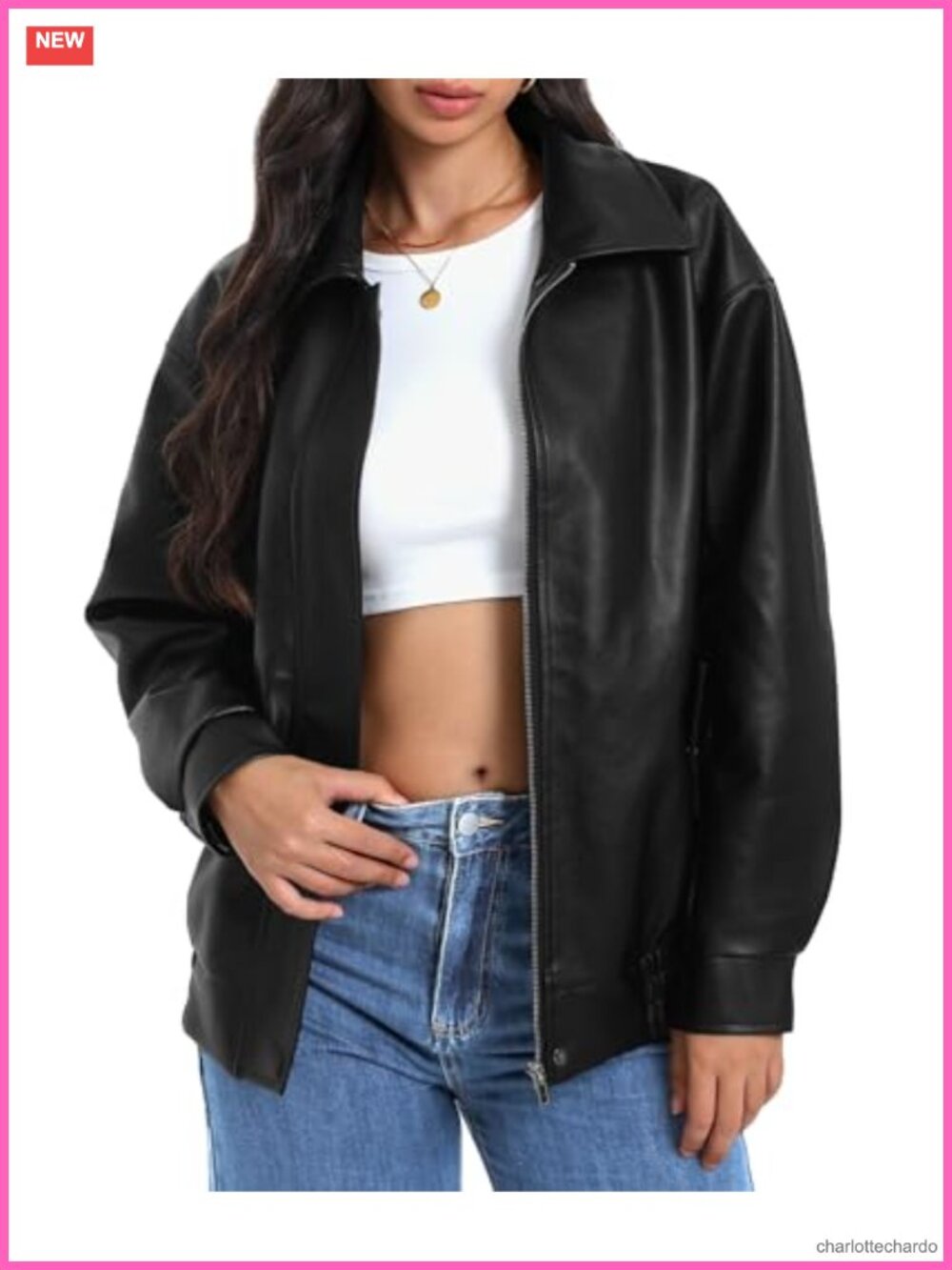 Faux Leather Oversized Motorcycle Jacket Zipper Moto Coat